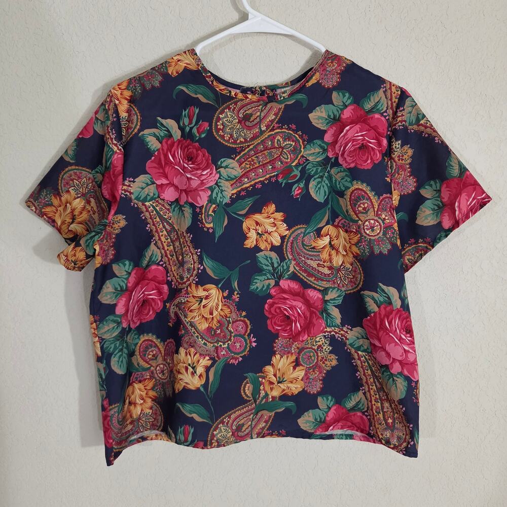Floral Crop Top Womens Medium 10 Dark Floral Paisley Navy Blue Boxy Vintage 90s